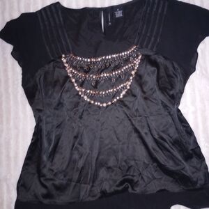 New Directions Black Blouse with Gold Beaded Accents